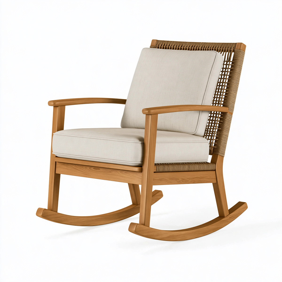 Sedia a dondolo 75 x 90 x 100 cm in legno naturale e corda beige - poltrona con braccioli