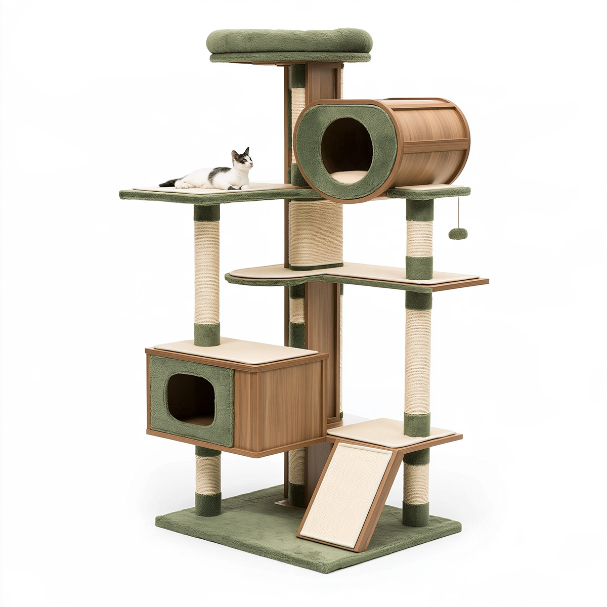 Albero tiragraffi per gatti 120 x 60 x 200 cm in legno verde e marrone con cucce piattaforme e rampa