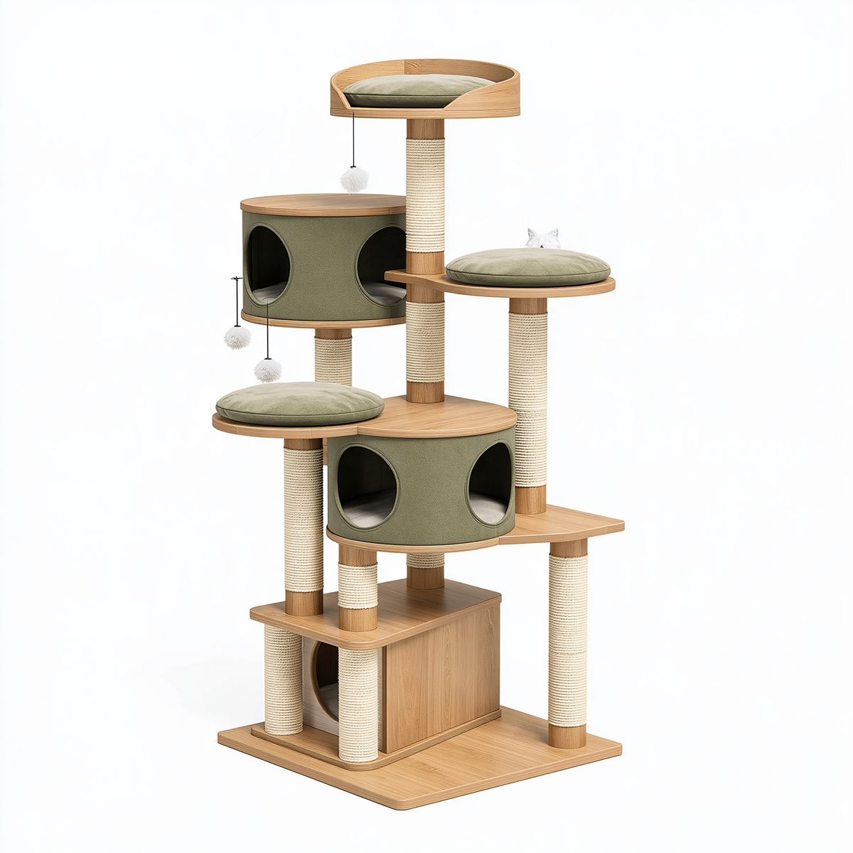 Albero tiragraffi per gatti 90 x 60 x 180 cm in legno sisal e tessuto verde - torre con cucce piattaforme e giochi