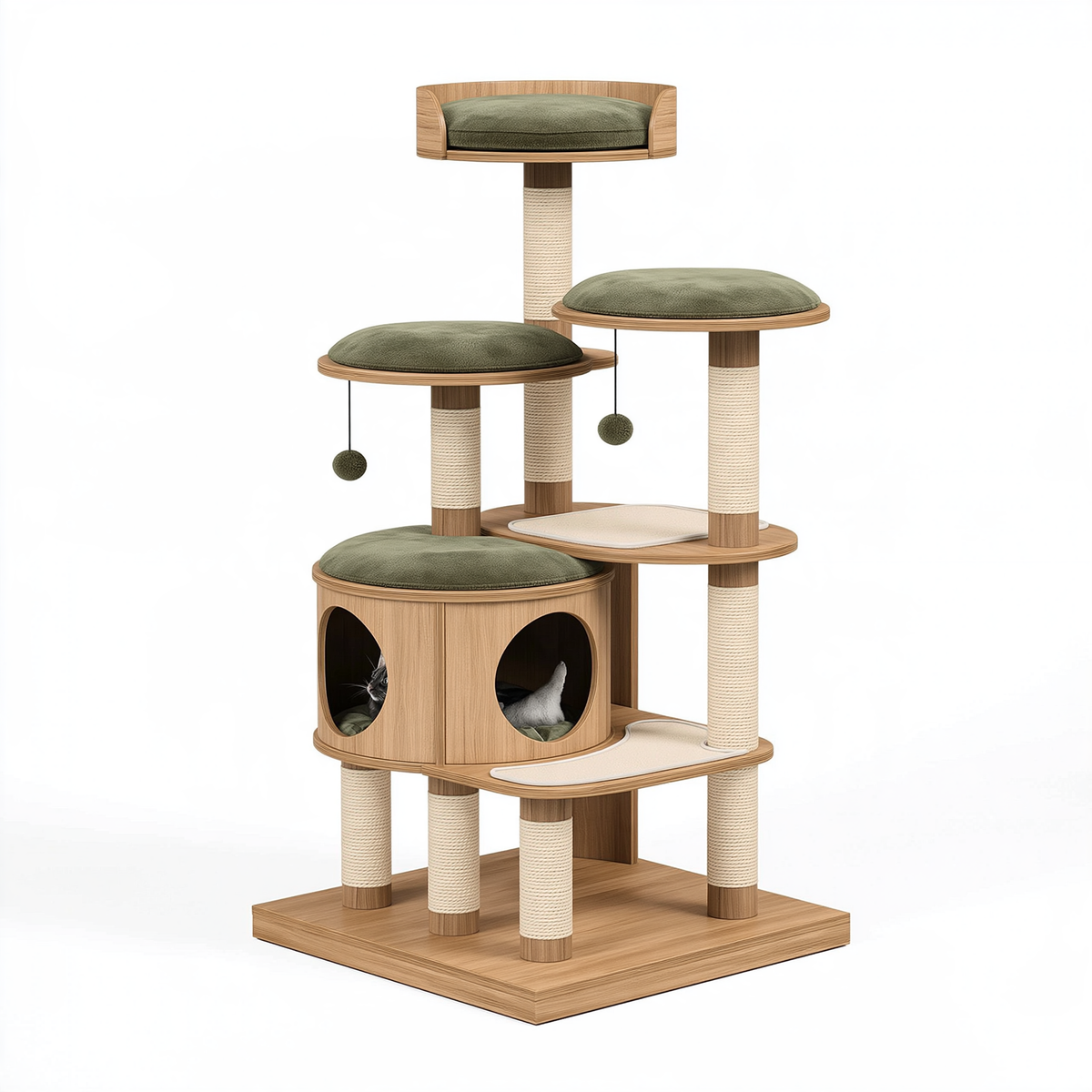 Albero tiragraffi per gatti 60 x 60 x 180 cm in legno effetto rovere e corda sisal verde - con cucce e piattaforme