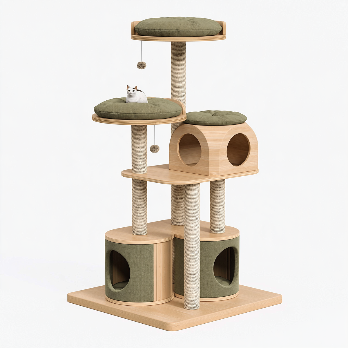 Tiragraffi per gatti 110 x 60 x 180 cm in legno beige e verde con colonne in sisal e cucce