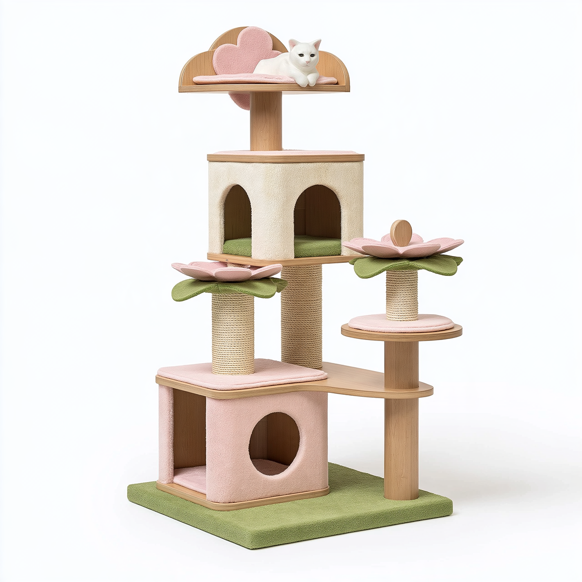 Albero tiragraffi per gatti 100 x 60 x 180 cm in legno beige rosa e verde con cucce e colonne in sisal