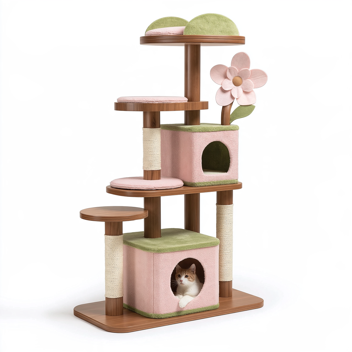 Tiragraffi per gatti 60 x 50 x 170 cm in legno rosa e verde con cucce e colonne in sisal