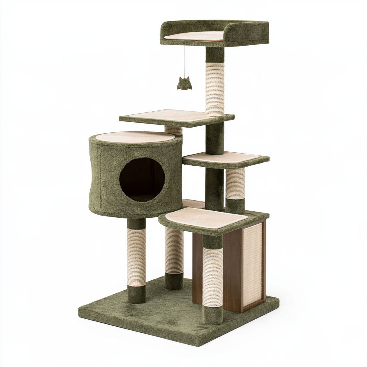 Albero tiragraffi per gatti 60 x 50 x 170 cm in tessuto verde con colonne avvolte e cuccia