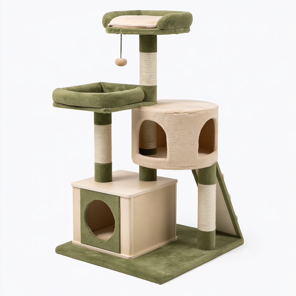 Albero tiragraffi per gatti 60 x 50 x 150 cm in legno verde e beige con cuccette piattaforme e rampa
