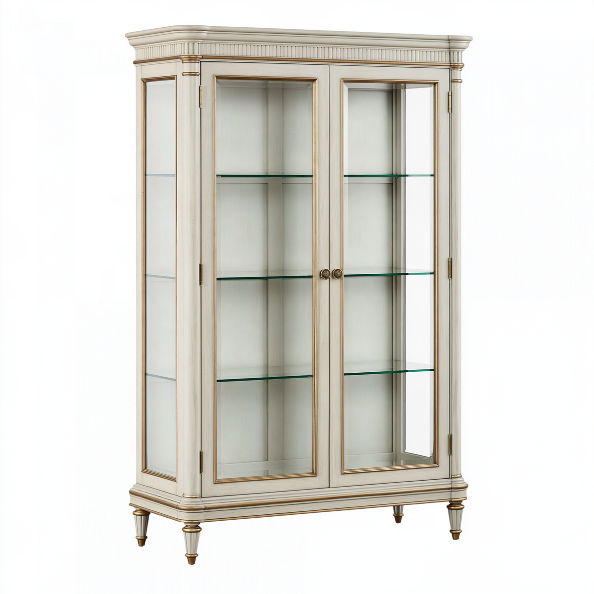Vetrina 110 x 45 x 200 cm in legno e vetro bianco crema con dettagli dorati in stile classico